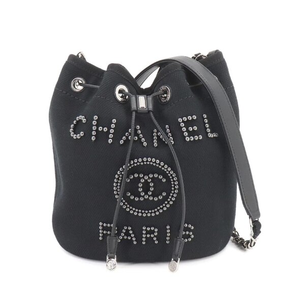 CHANEL Deauville Drawstring Shoulder Bag Canvas Leather Black AS1045 90256779 - Picture 1 of 11